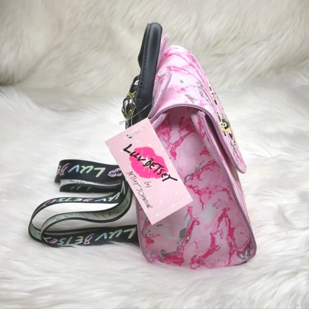 Betsey Johnson Pink Marbled Cat Design Backpack Purse
